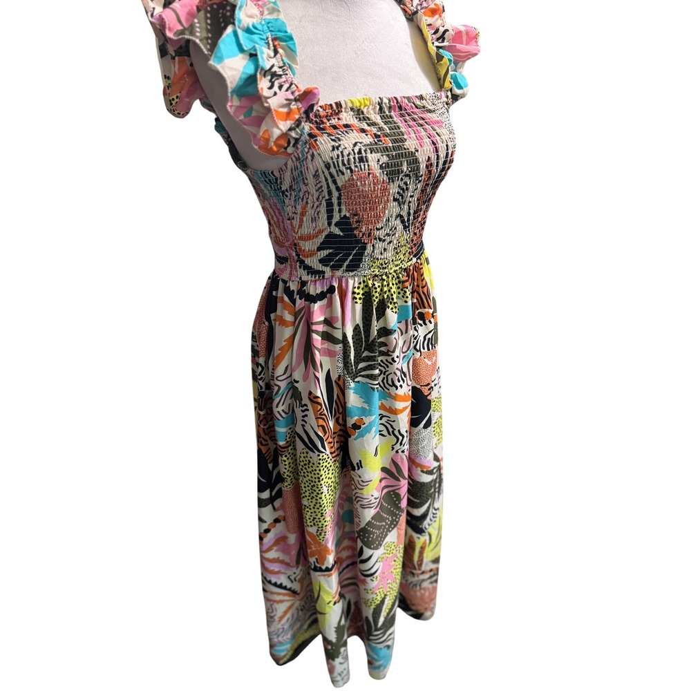 Live 4 Truth Women Tropical Animal Print Smocked Ruffle Midi Dress Small Multi
